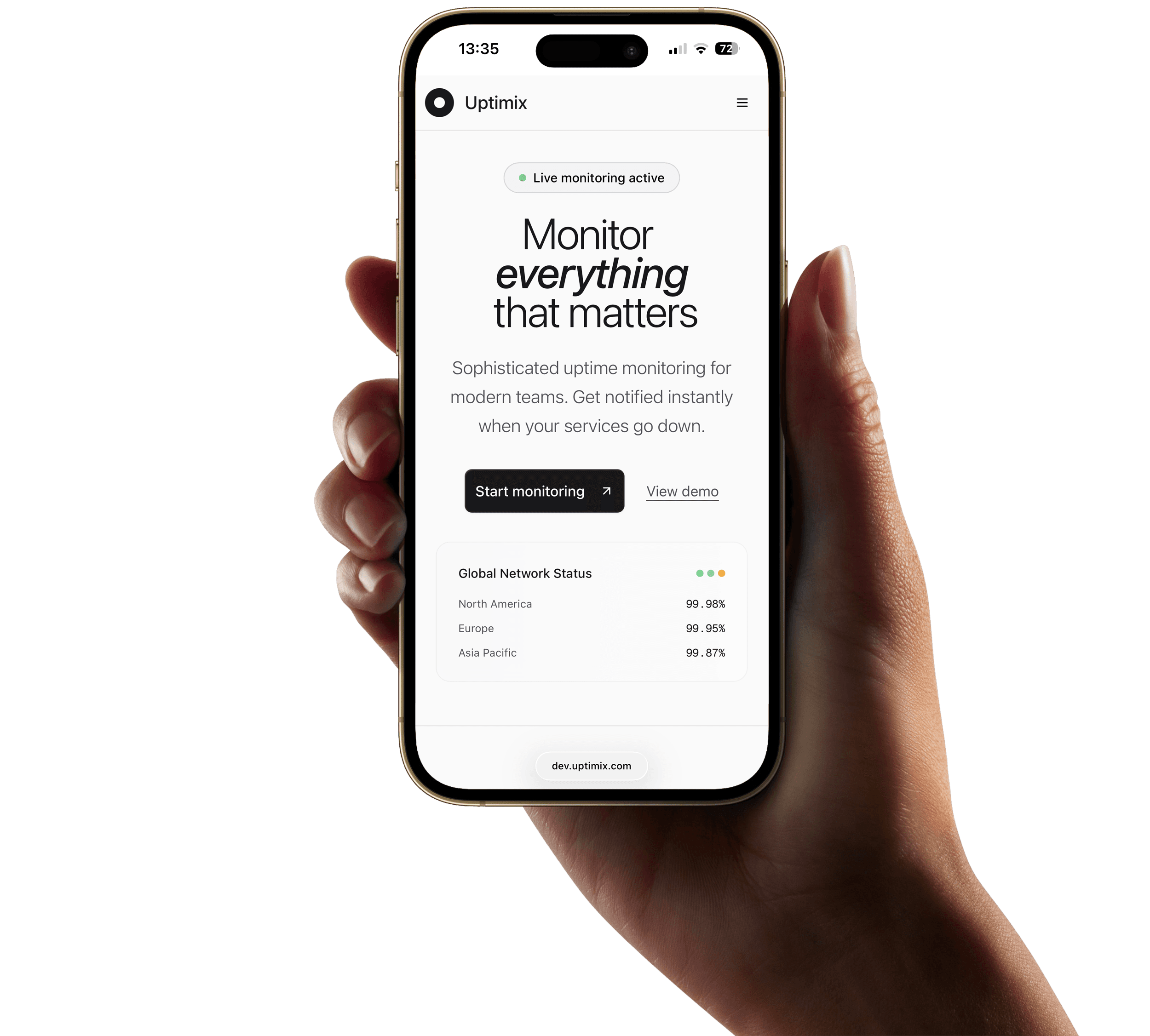 Uptimix dashboard showing global network status on a phone